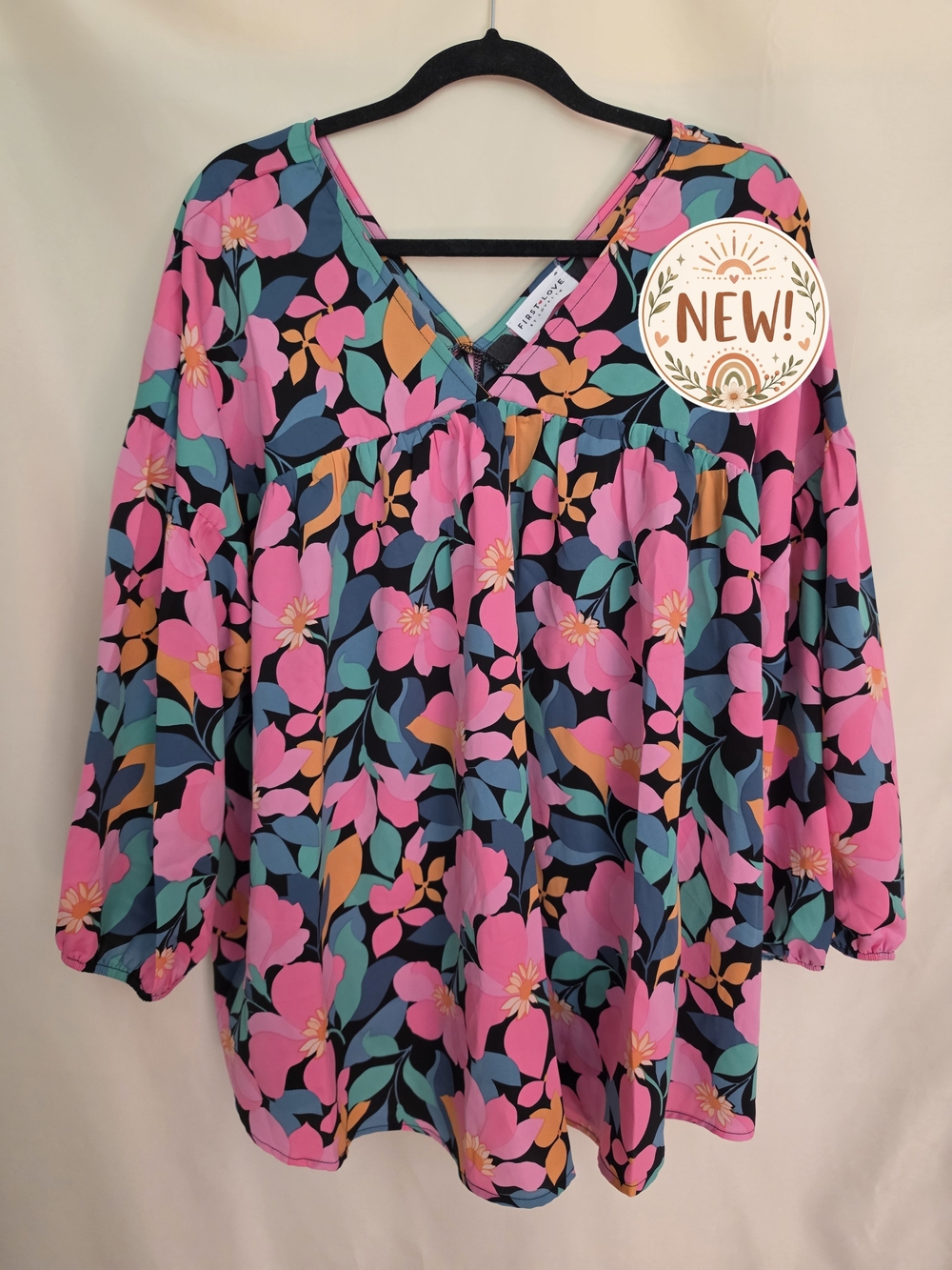 New First Love Oversized Pink Floral Double V Blouse 1X/2X